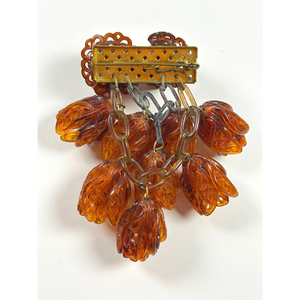 Rare Vintage 1930s/40s Oversized Amber Lucite Flower Dangle Brooch Unique - Picture 6 of 11